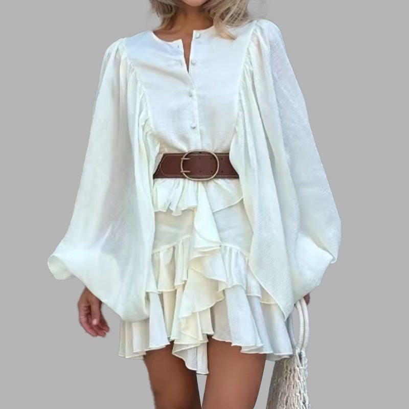 Damen verspieltes Rüschensommerkleid mit ballonförmigen Ärmeln und Knopfdetail Stalluxe