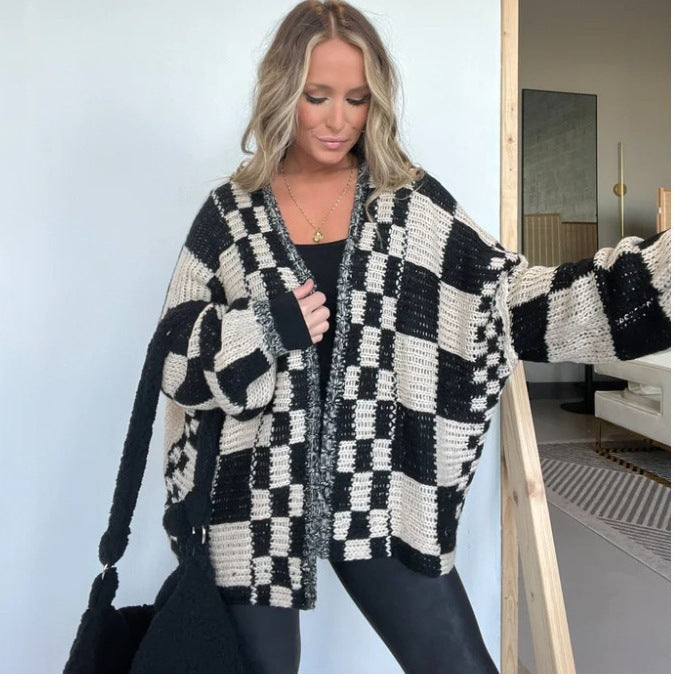 Damen Übergroße Karomuster-Strickjacke mit Taschen Stalluxe