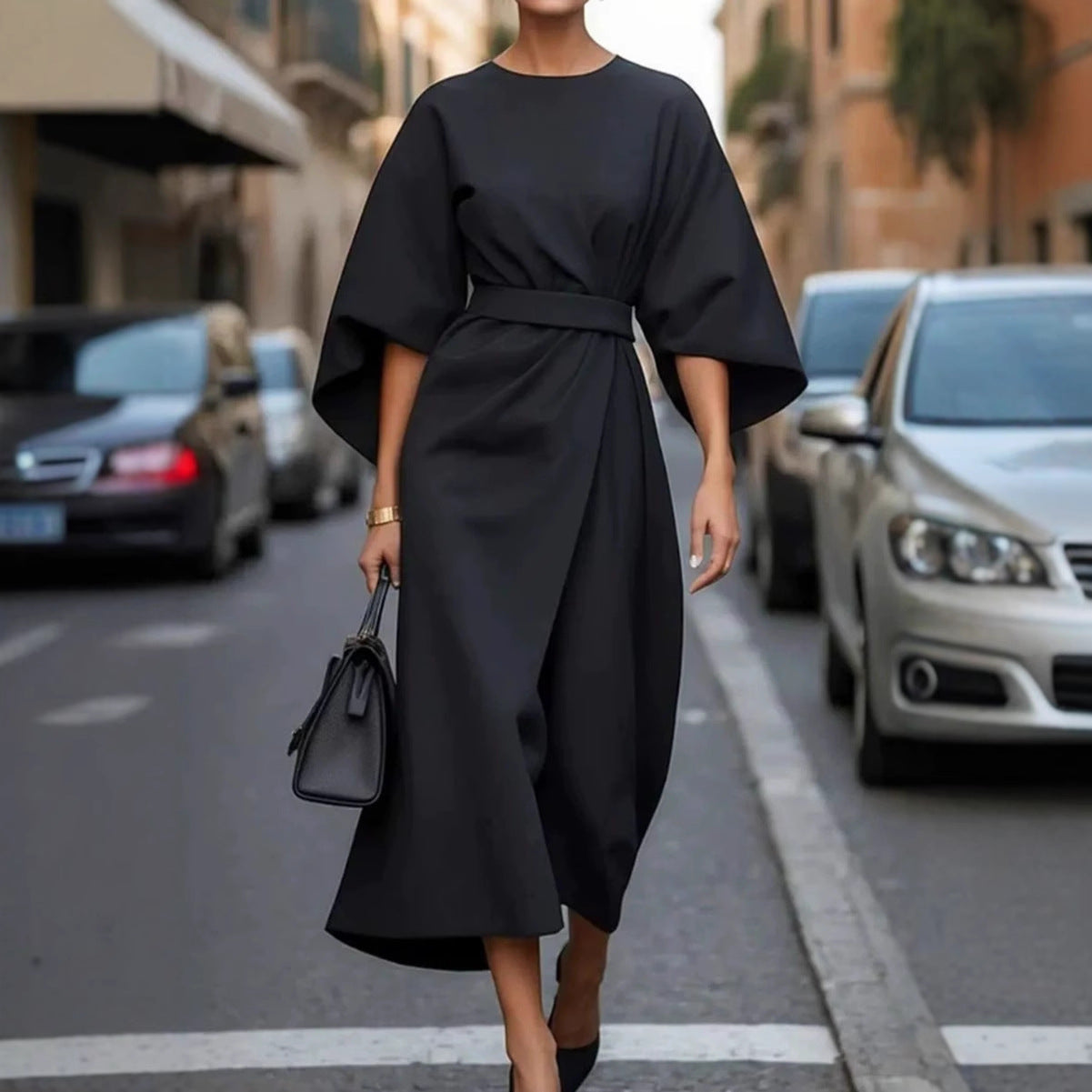 Damen elegante Midi-Kleid mit voluminösen Ärmeln Stalluxe