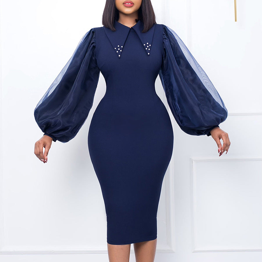 Damen Midi-Kleid mit Puffärmeln und dekorativem Kragen Stalluxe
