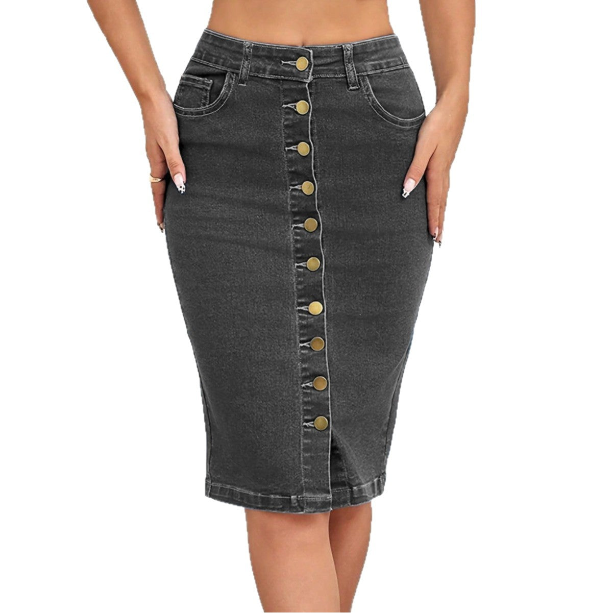 Damen Jeans-Midirock mit durchgehender Knopfleiste und figurschmeichelndem Schnitt Stalluxe