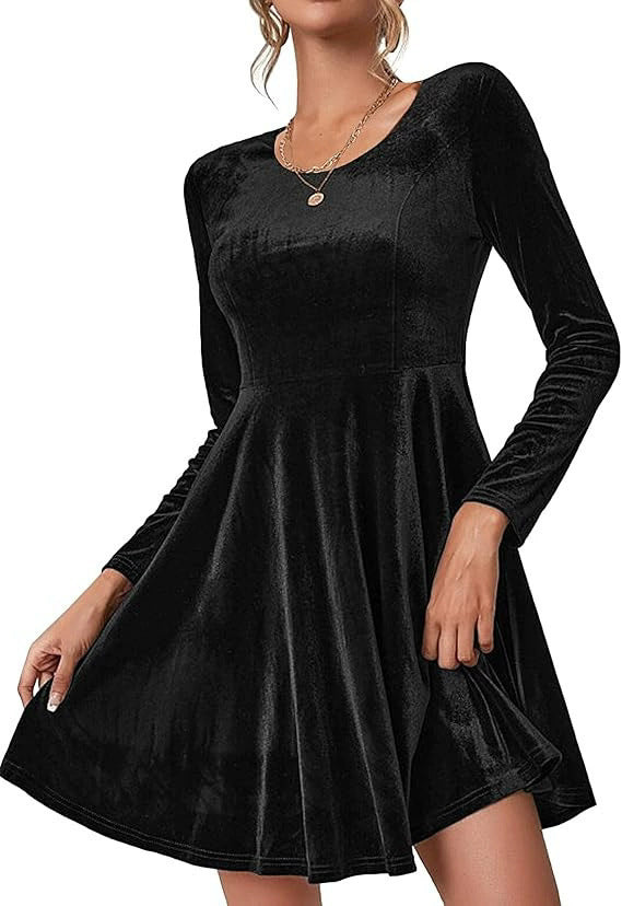 Damen Langarm Velours Kleid mit fließendem Rock Stalluxe