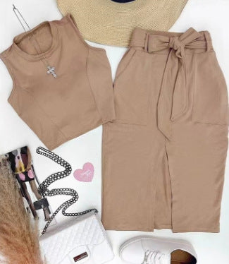 Damen Set aus tailliertem Crop-Top und Hochbund-Rock mit Gürtel Stalluxe