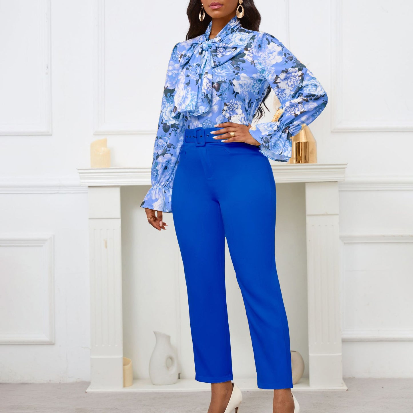 Damen elegante Bluse mit Rüschendetails und passender Hose Stalluxe