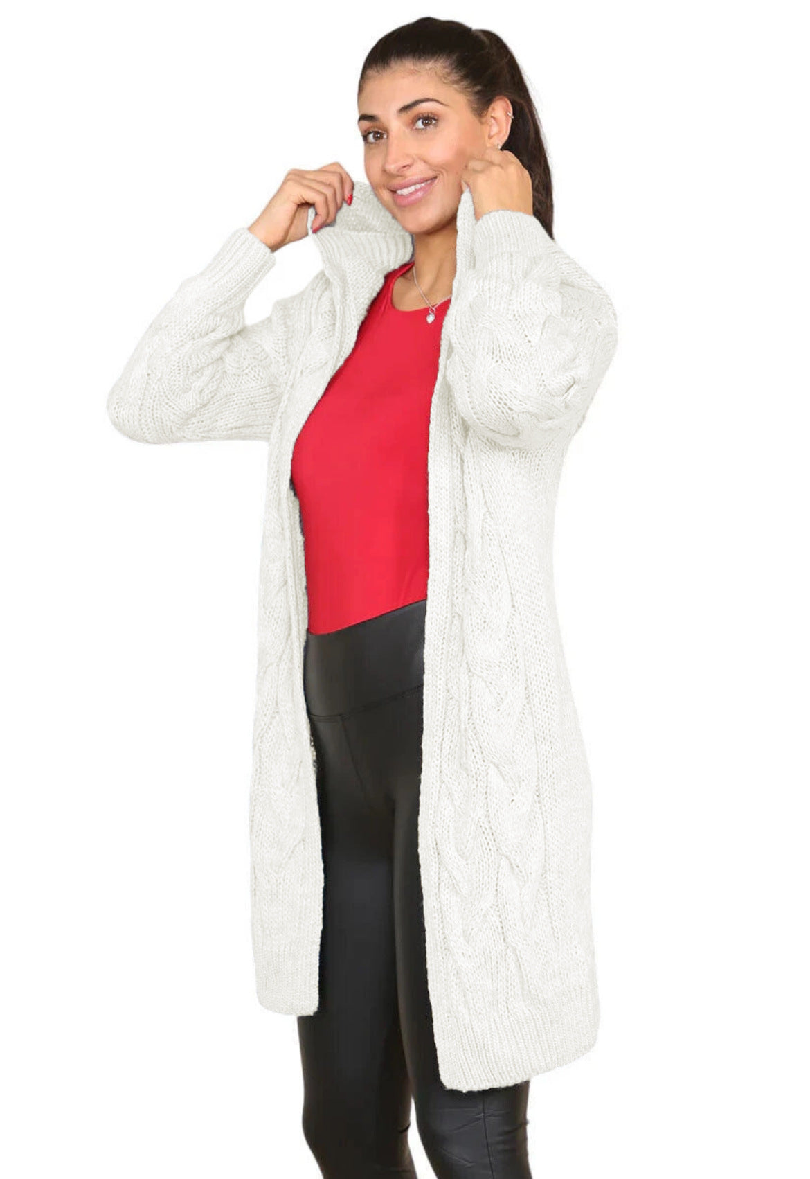 Damen Langer Strickmantel mit elegantem Zopfmuster und Kapuze Stalluxe