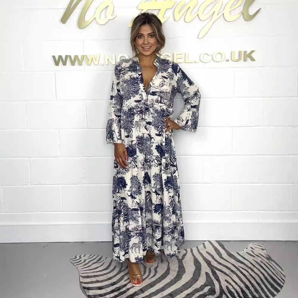Damen lässiges Maxikleid mit dekorativem Print und langem Ärmel Stalluxe