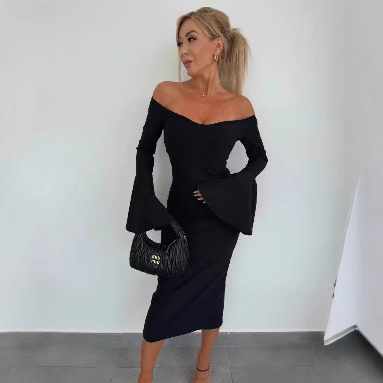 Damen Elegantes Langarmkleid mit weiten Ärmeln und Schlitz Stalluxe