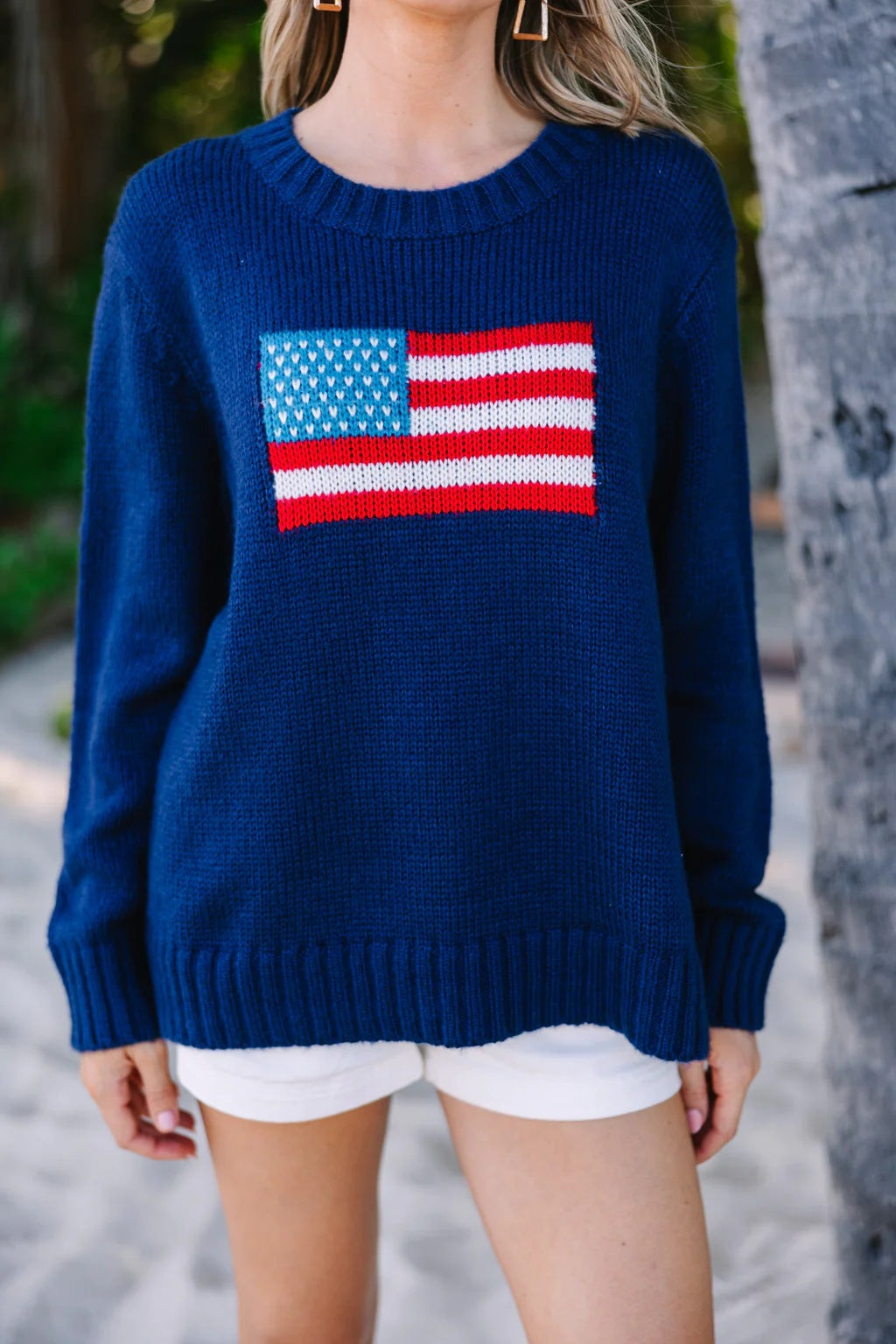 Damen trendiger Pullover mit USA-Flaggenstickerei aus luftiger Baumwolle Stalluxe