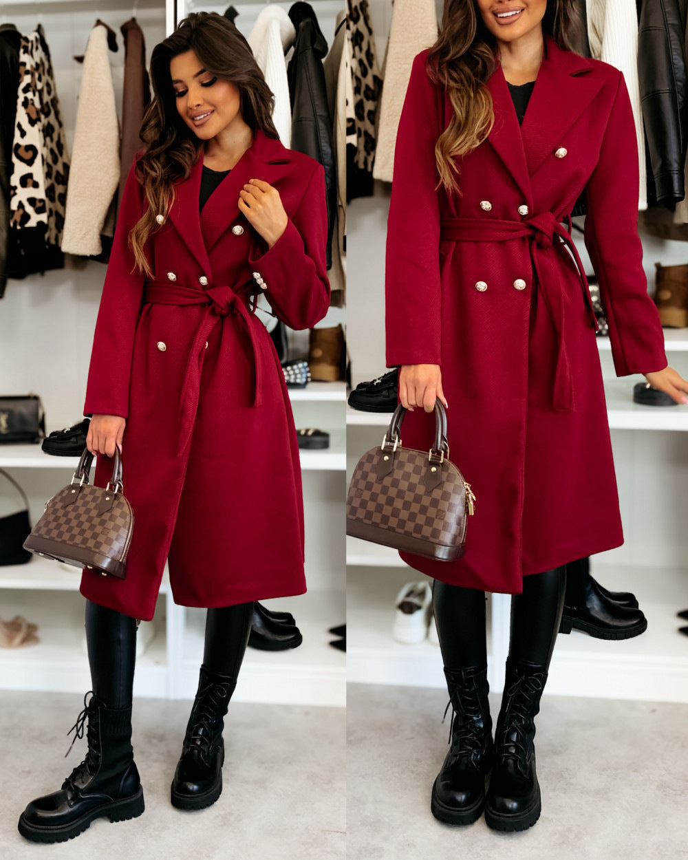 Damen eleganter Knielanger Trenchcoat mit Gürtel und doppelter Knopfleiste Stalluxe
