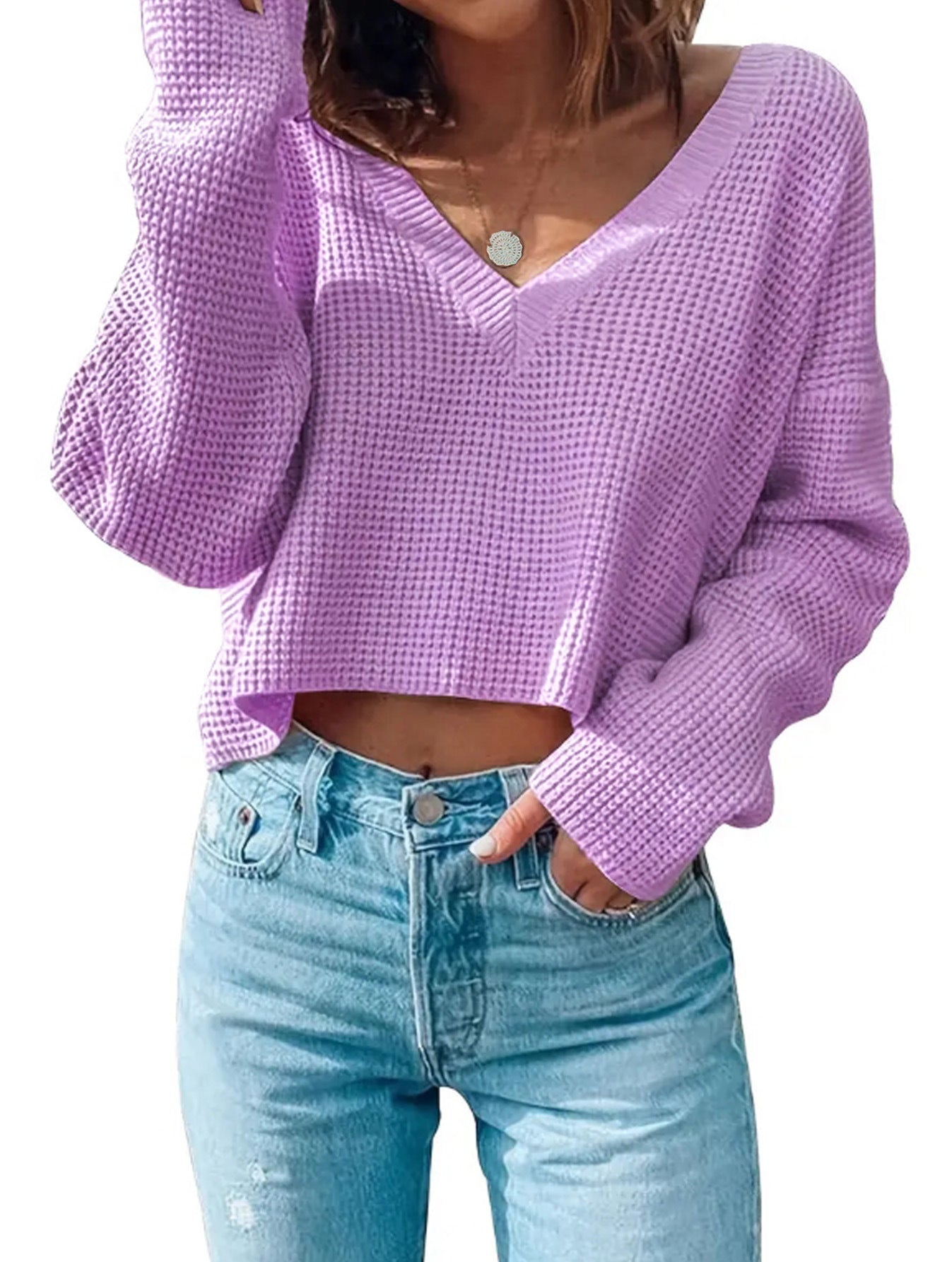 Damen lässiger V-Ausschnitt Pullover im Waffelmuster Stalluxe