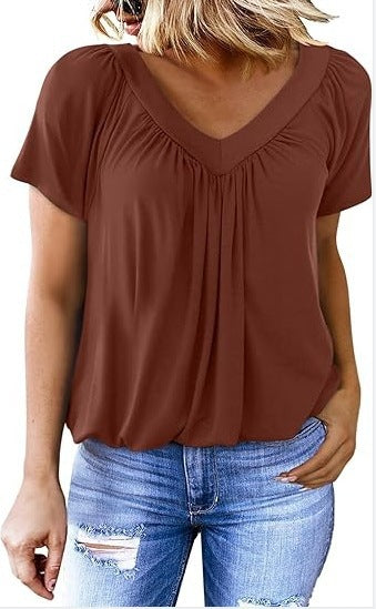 Women's Pleated V-Neck Casual Top Stalluxe