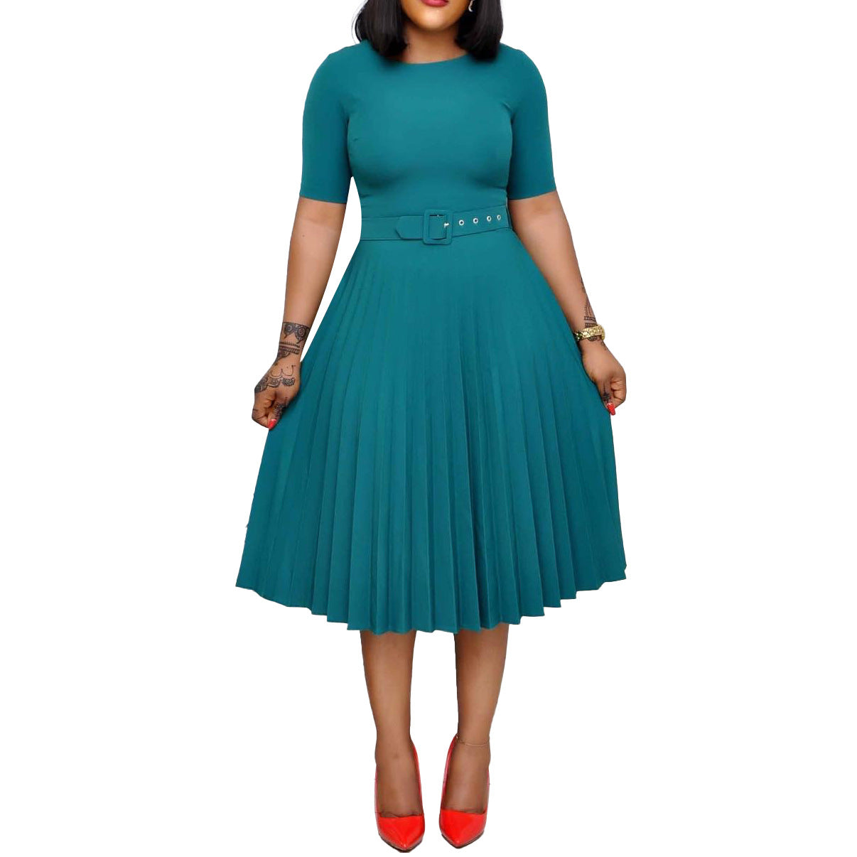 Damen Plissiertes Midi-Kleid mit Taillengürtel und geschmackvollem Rundhalsausschnitt Stalluxe