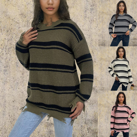 Damen Grob gestrickter Oversized Pullover mit Fransen und Querstreifen Stalluxe