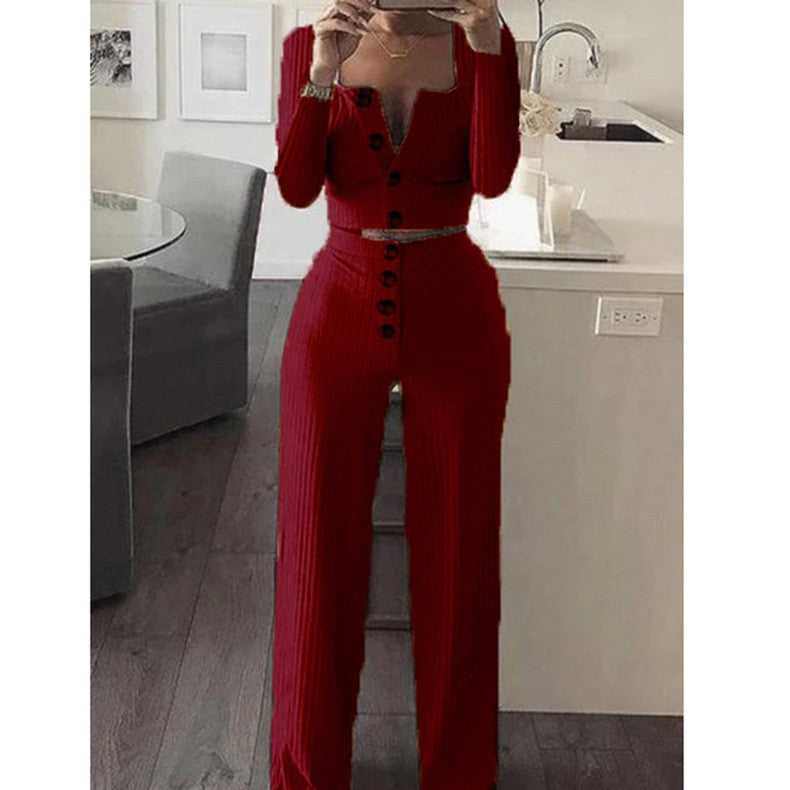 Damen modisches Strick-Set mit Knopfdetail und langem Ärmel Stalluxe