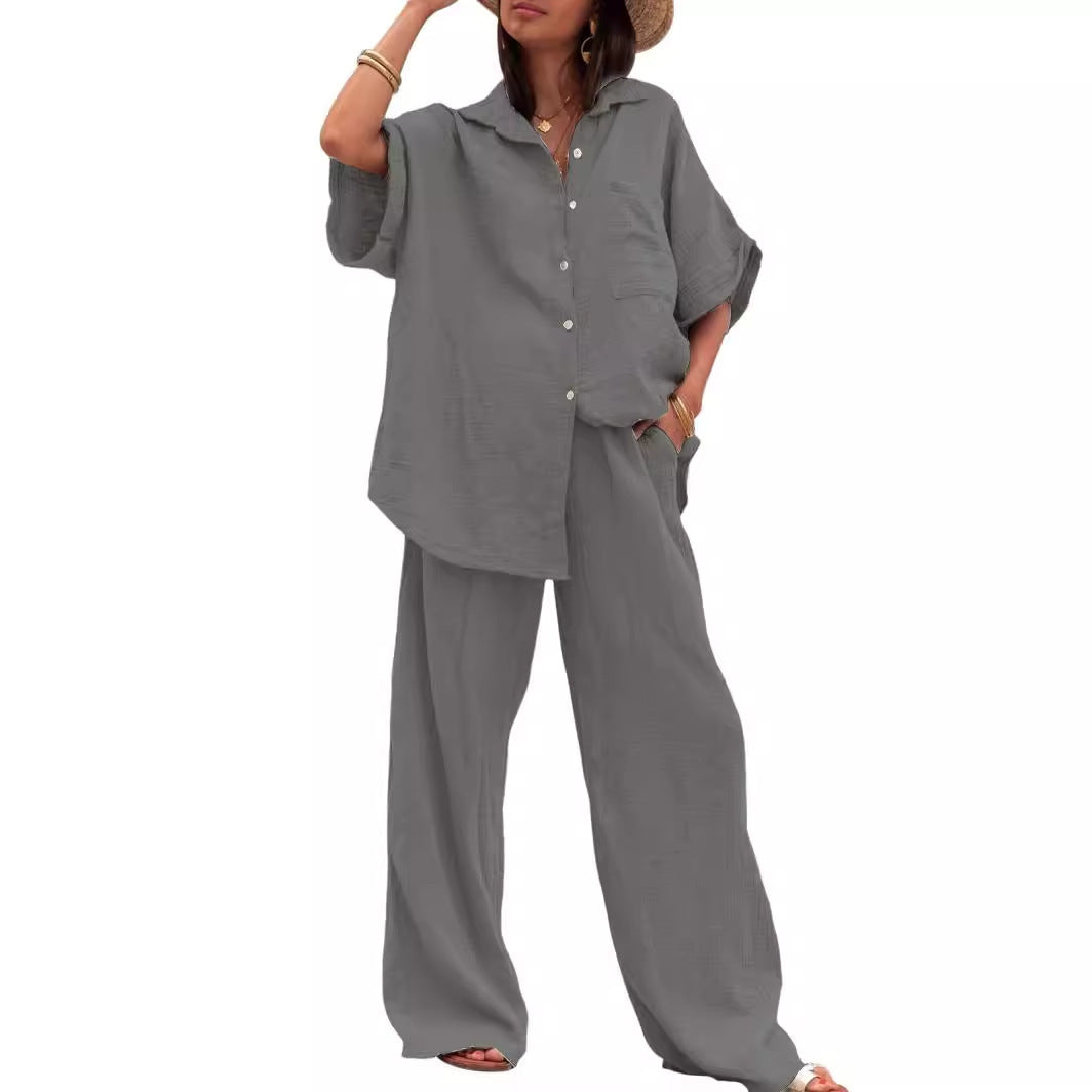 Damen luftiges Oversize-Hemd und weite Hose Set Stalluxe
