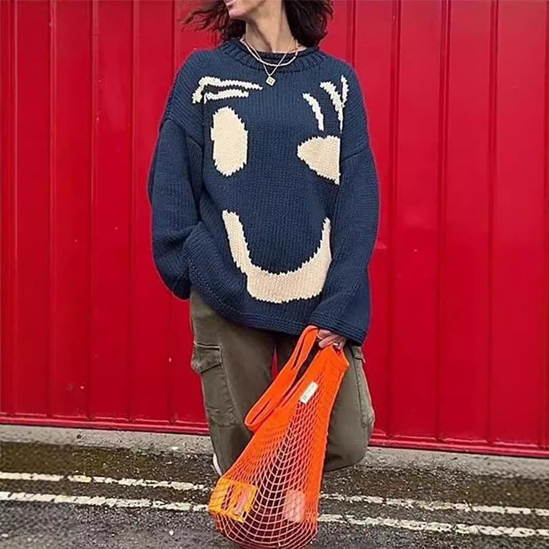 Damen Grobstrickpullover mit kreativem Smiley-Motiv Stalluxe
