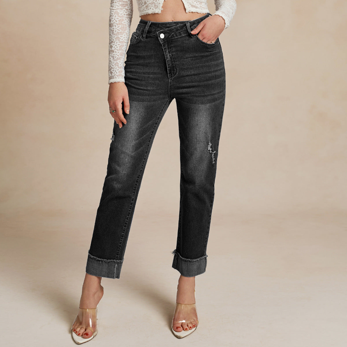 Damen elegante High-Waist Jeans mit modischem Used-Look Stalluxe