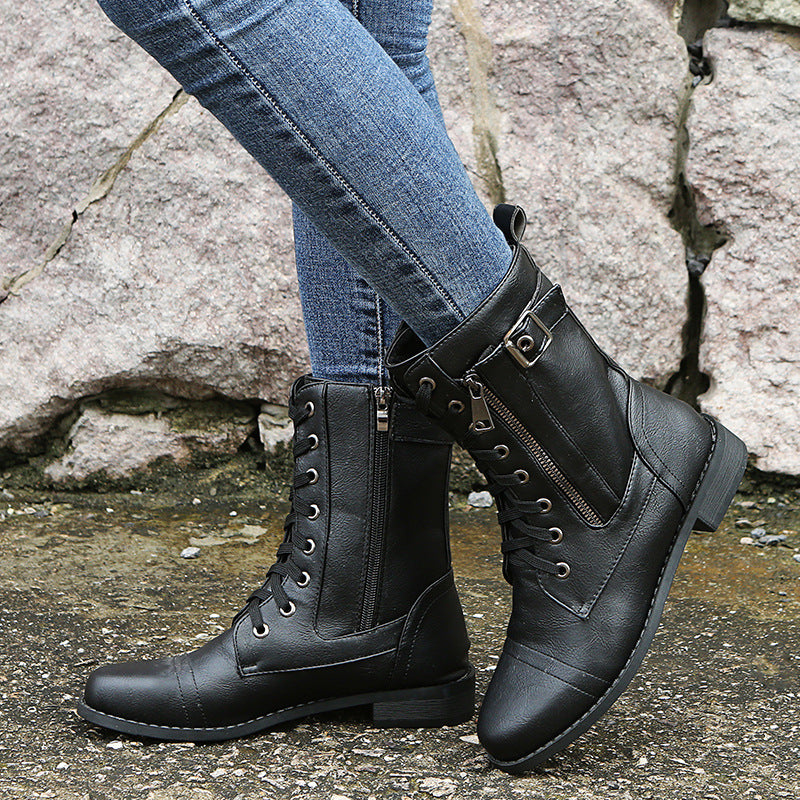 Damen Rinderleder Schnürstiefel mit seitlichem Reißverschluss und gepolstertem Kragen Stalluxe