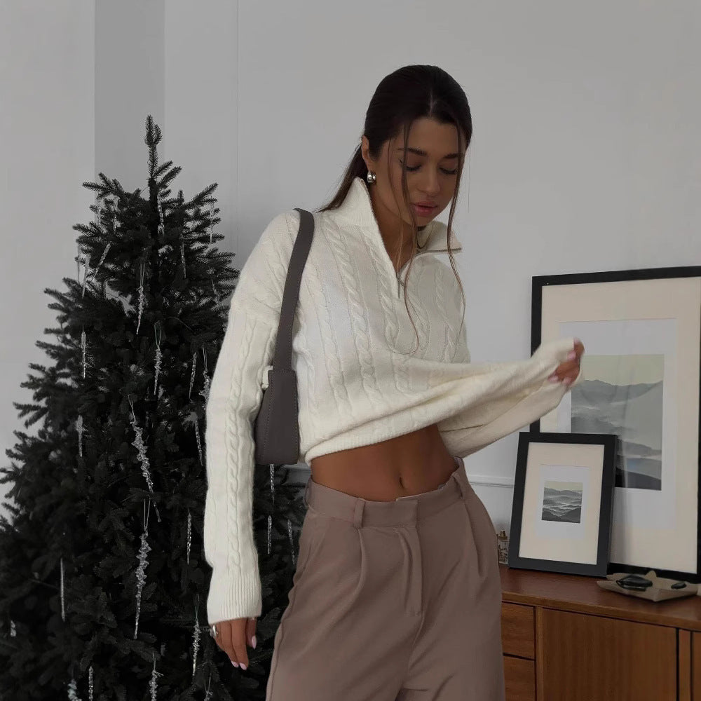 Damen cropped Pullover mit Zopfmuster und Reißverschluss Stalluxe