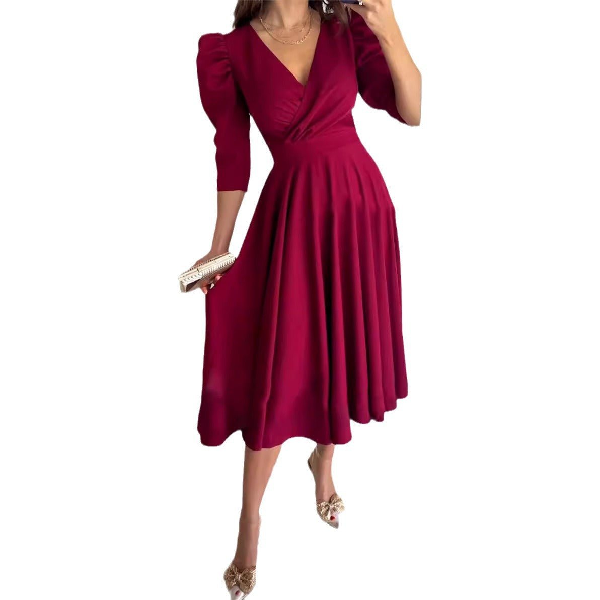 Damen A-Linien Kleid mit eleganten Puffärmeln und V-Ausschnitt Stalluxe