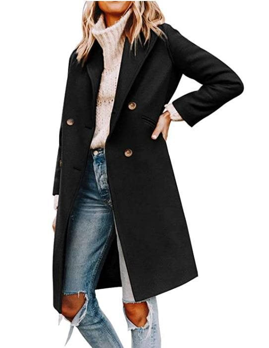 Damen eleganter, klassischer Wollmantel mit doppelter Knopfreihe und praktischen Taschen Stalluxe