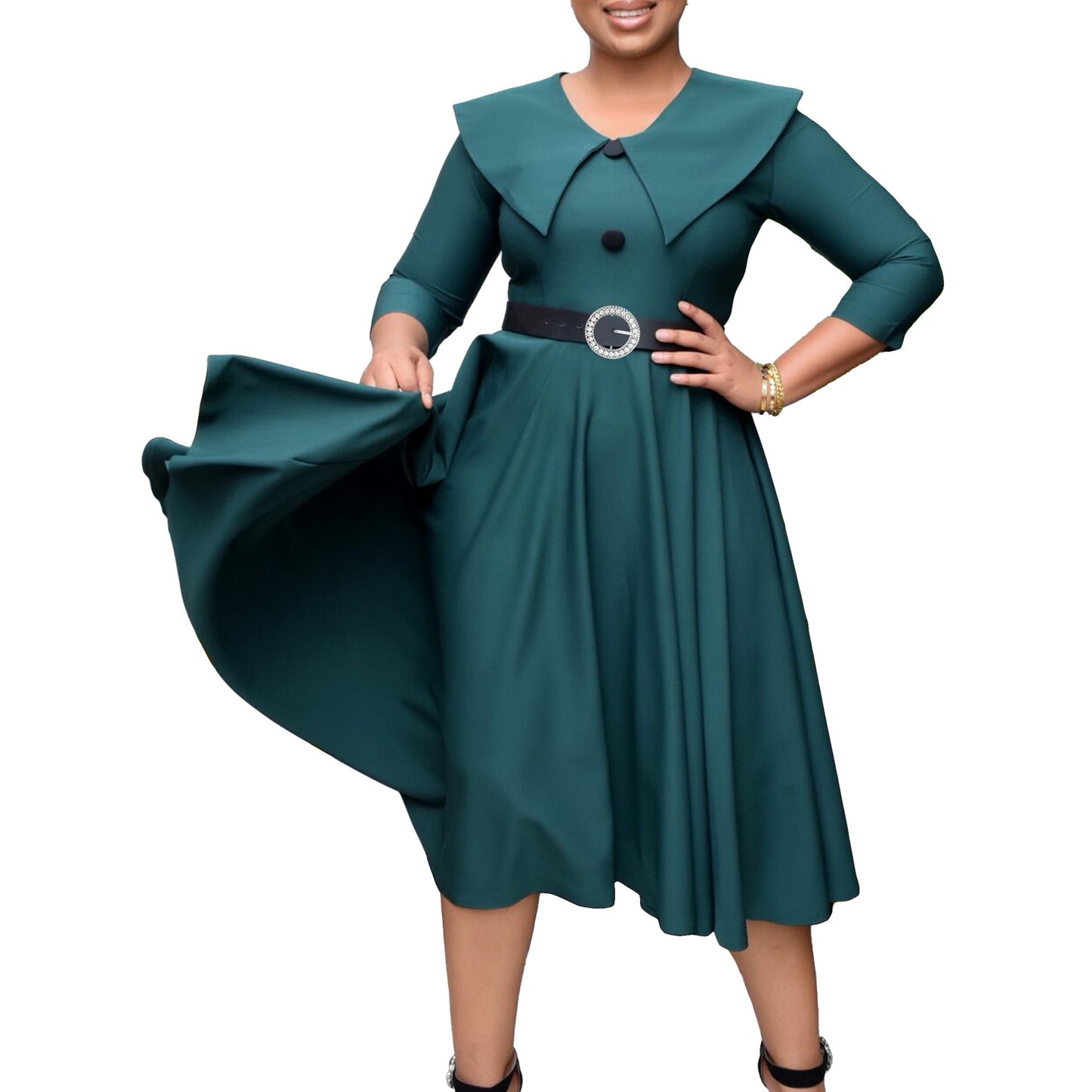Damen klassisches A-Linien Kleid mit eleganter Kragenpartie und Gürtel Stalluxe