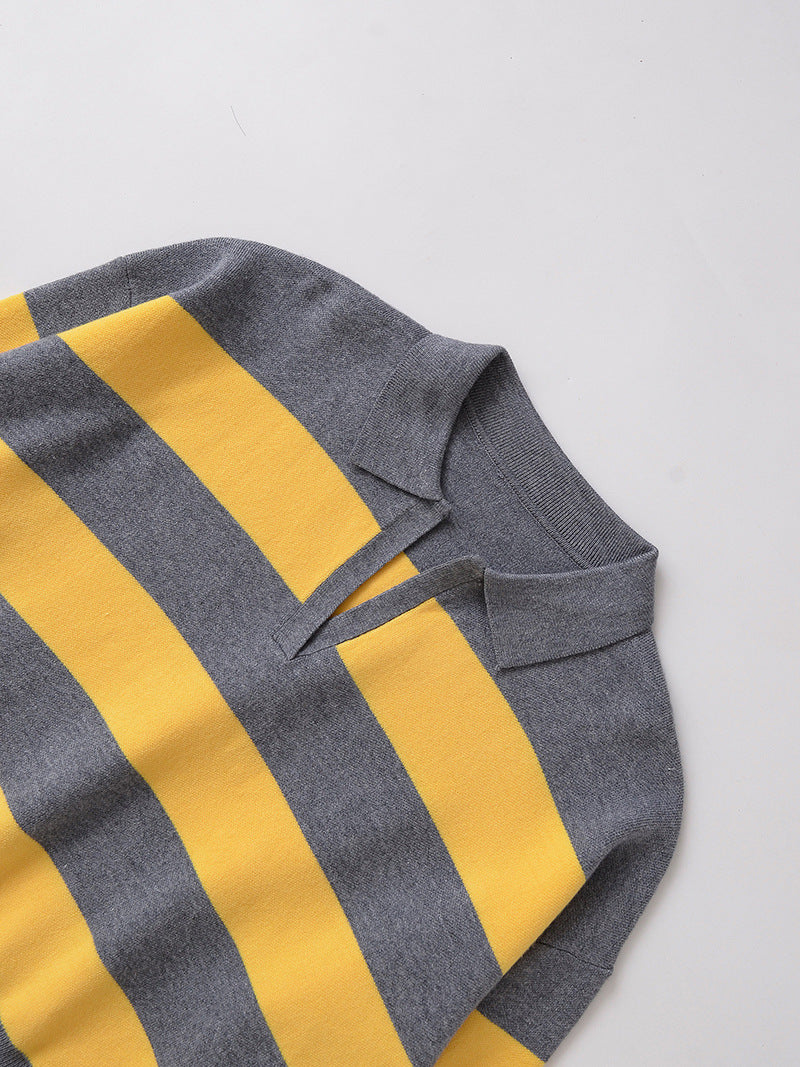 Damen lässiger Strickpullover mit stylisierten Streifen und Polokragen Stalluxe