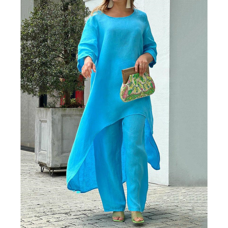 Women's Elegant Asymmetric Linen Tunic and Pants Set Stalluxe