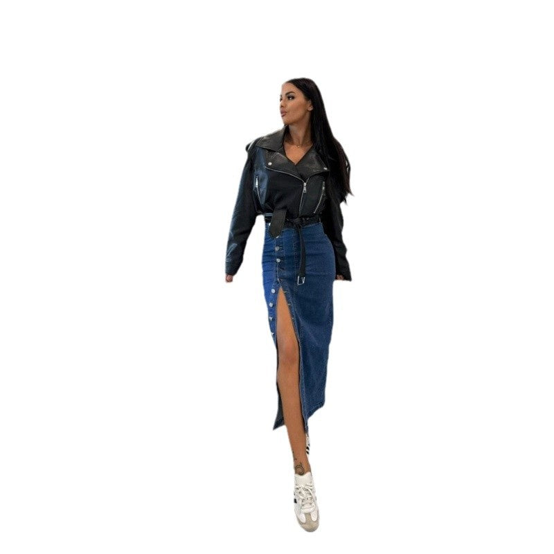 Damen Denim-Midirock mit seitlichem Schlitz und Knopfdetails Stalluxe