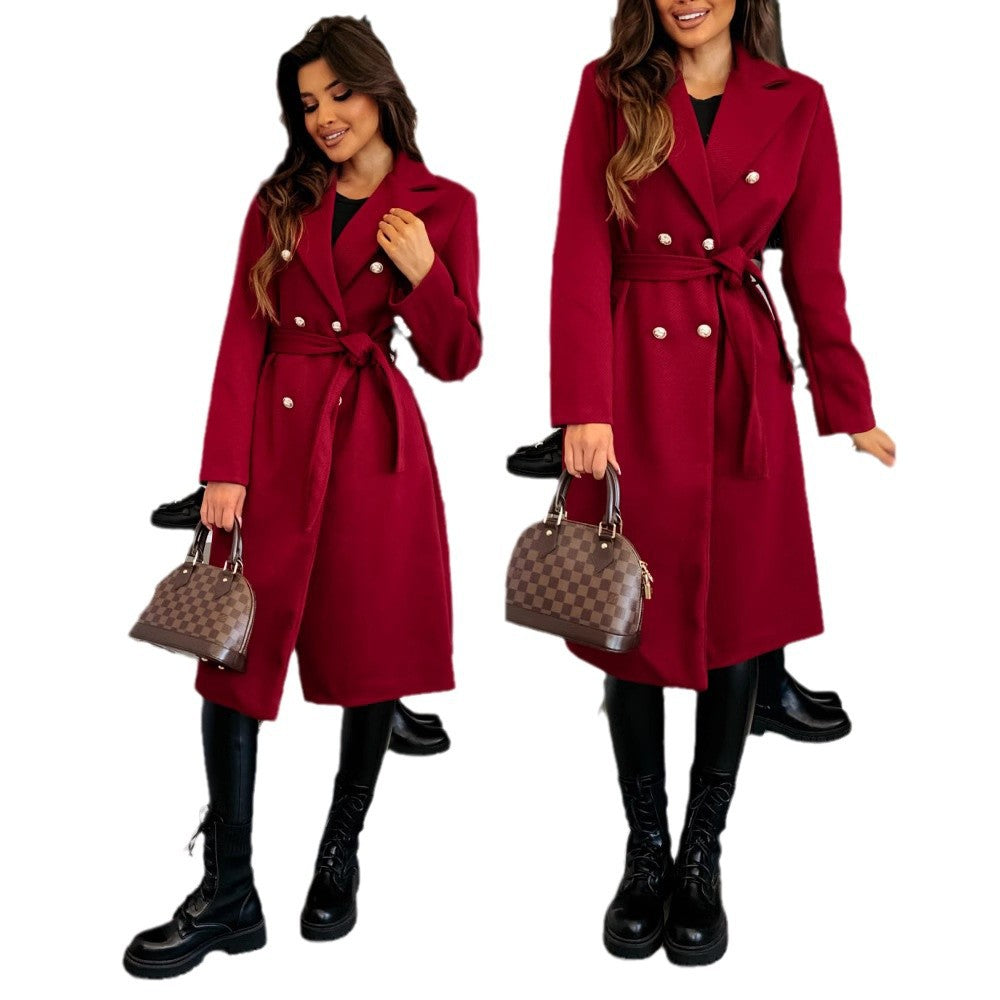 Damen eleganter Knielanger Trenchcoat mit Gürtel und doppelter Knopfleiste Stalluxe