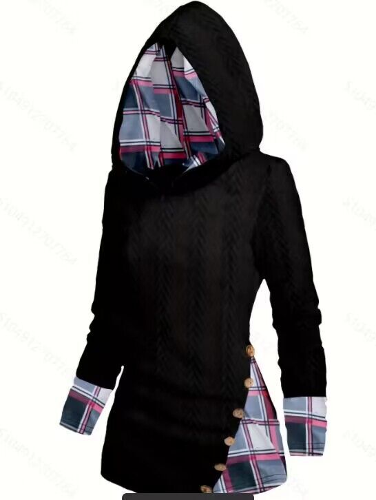 Damen lässiger Strickpullover mit Kapuze und Karomuster Stalluxe