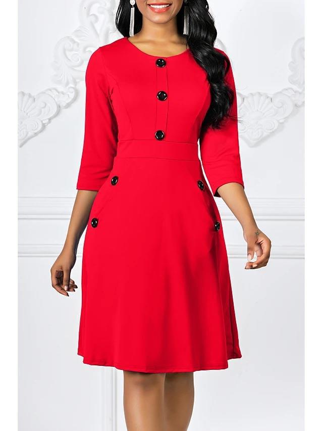 Women's Classic Three-Quarter Sleeve Button-Detail Dress Stalluxe