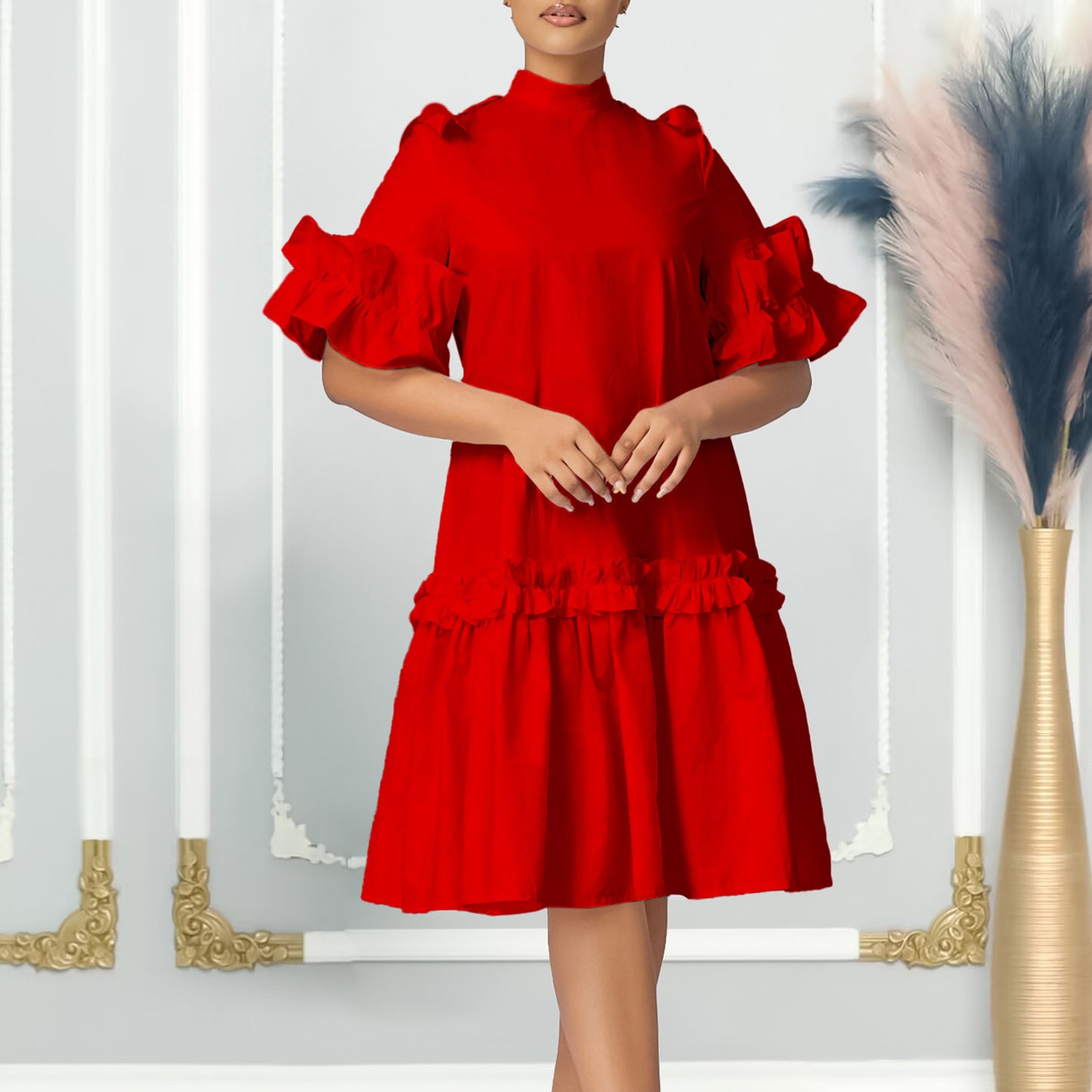 Damen Rüschenkleid mit hohem Kragen und Volantärmeln Stalluxe