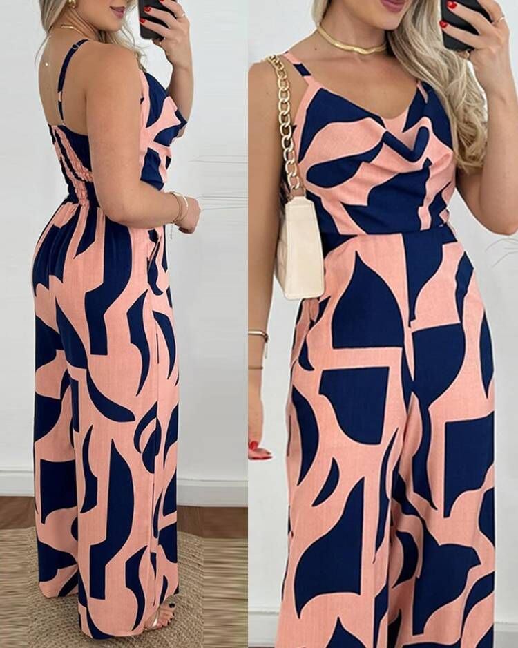 Damen Jumpsuit mit elegantem Wickeloberteil und farbenfrohem Blattdesign Stalluxe