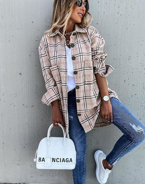 Damen Flanellhemdjacke mit Karomuster und großen Knöpfen Stalluxe