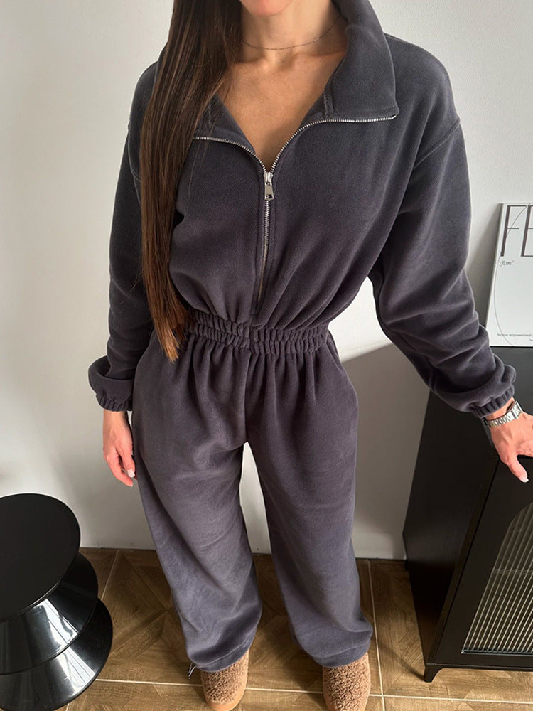 Damen Fleece-Jumpsuit mit hohem Kragen und elastischem Bund Stalluxe