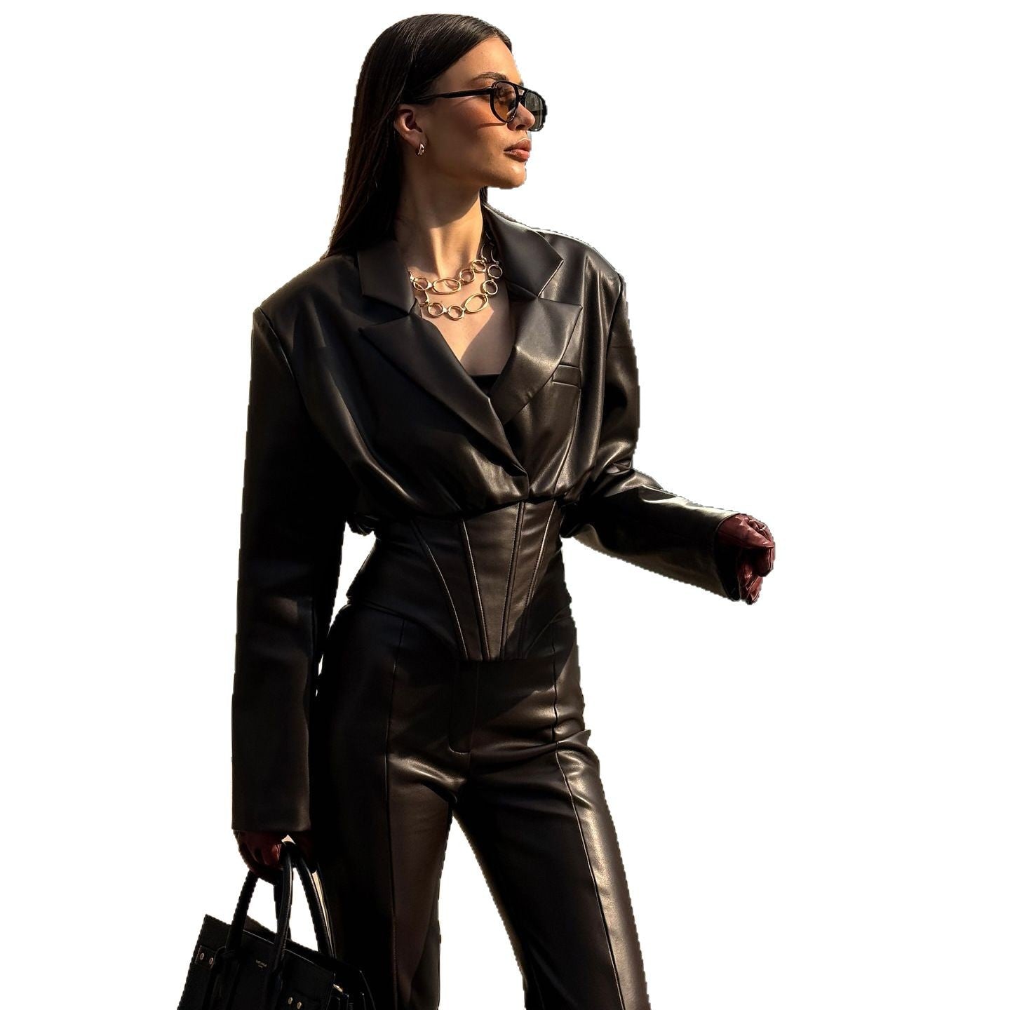 Damen Elegantes Lederanzug mit modischem Blazer und schmal geschnittenen Hosen Stalluxe