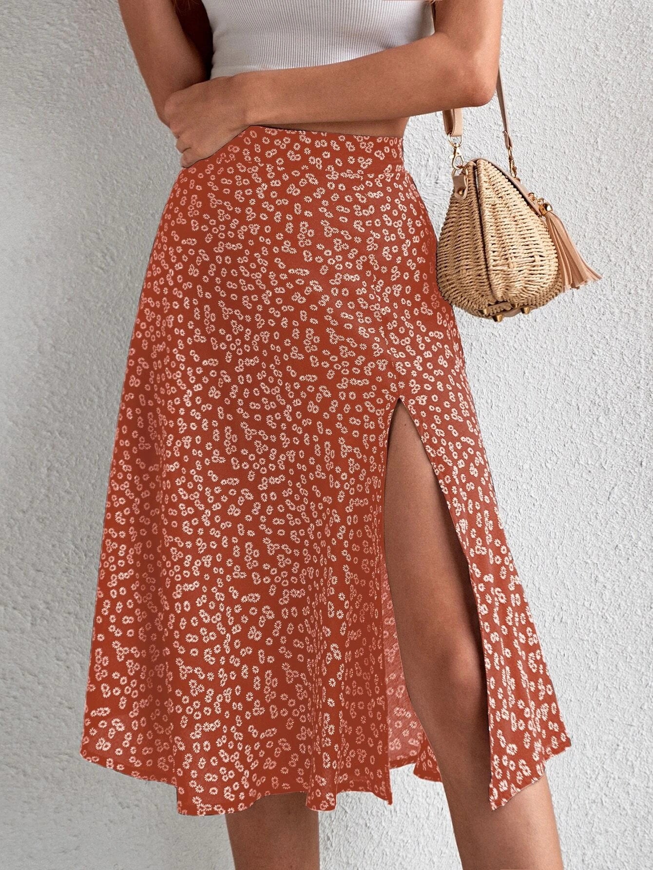 Damen Midi-Rock mit asymmetrischem Schlitz und floralem Muster Stalluxe