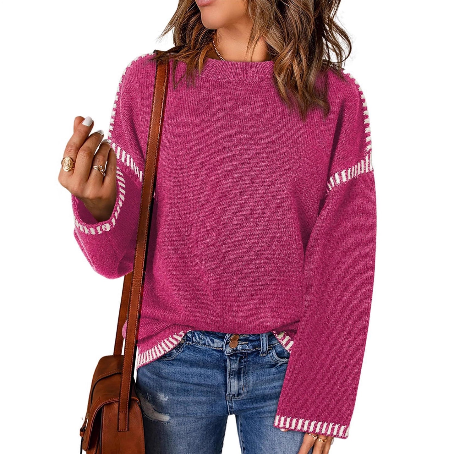 Damen Grobstrickpullover mit modischem Kontrastsaum und weiten Ärmeln Stalluxe