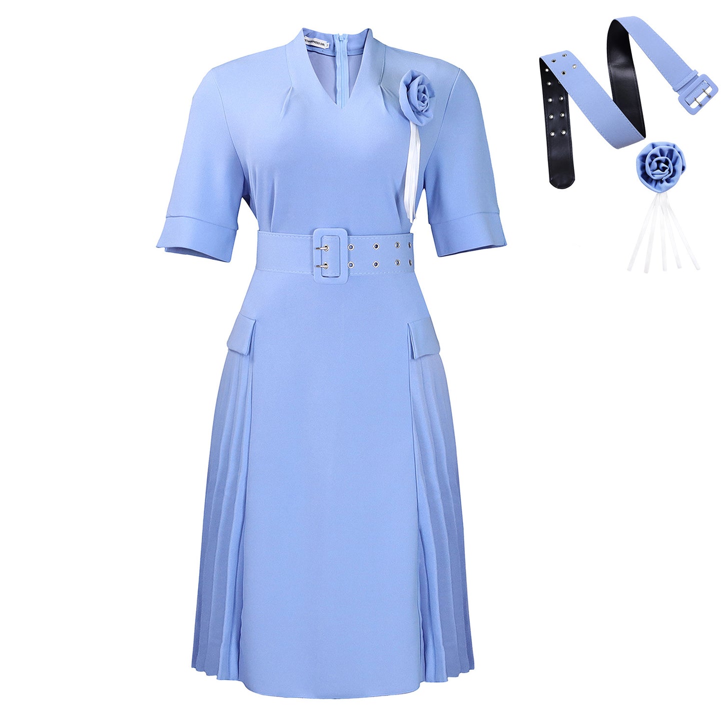 Damen Plissee-Kleid mit Taillengürtel und modischen Blumenakzenten Stalluxe