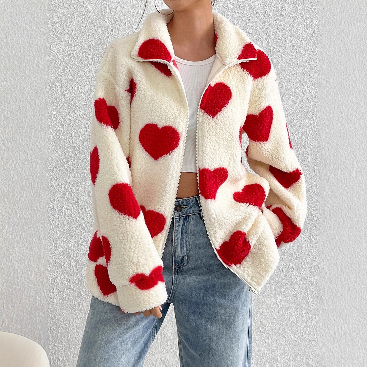 Damen kuschelige Fleecejacke mit herzförmigem Muster und hohem Kragen Stalluxe
