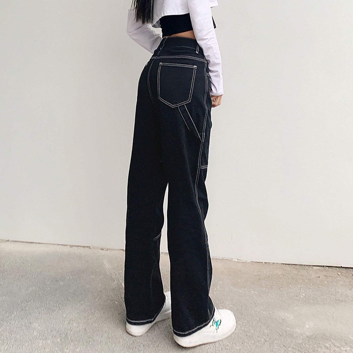Damen weite Jeans mit modischen Kontrastnähten Stalluxe