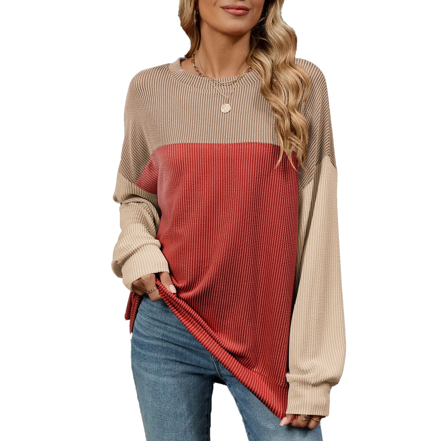 Damen Sweatshirt mit modischem Rippdesign und farblich abgesetzten Ärmeln Stalluxe