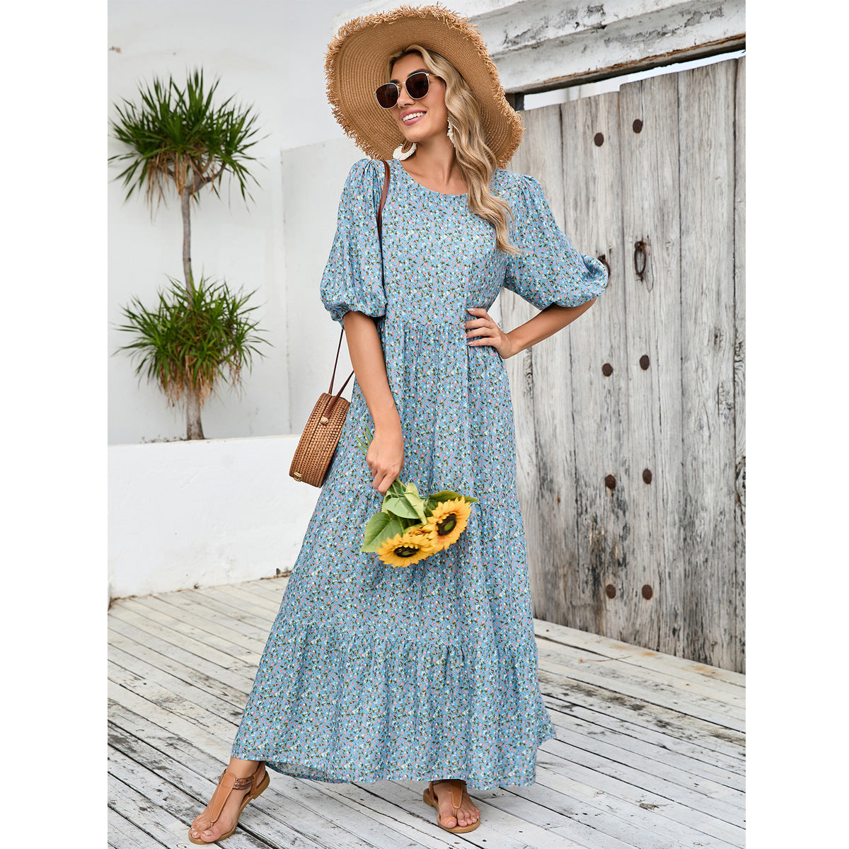 Damen Maxikleid mit nostalgischem Blumendruck und weiten Ärmeln Stalluxe