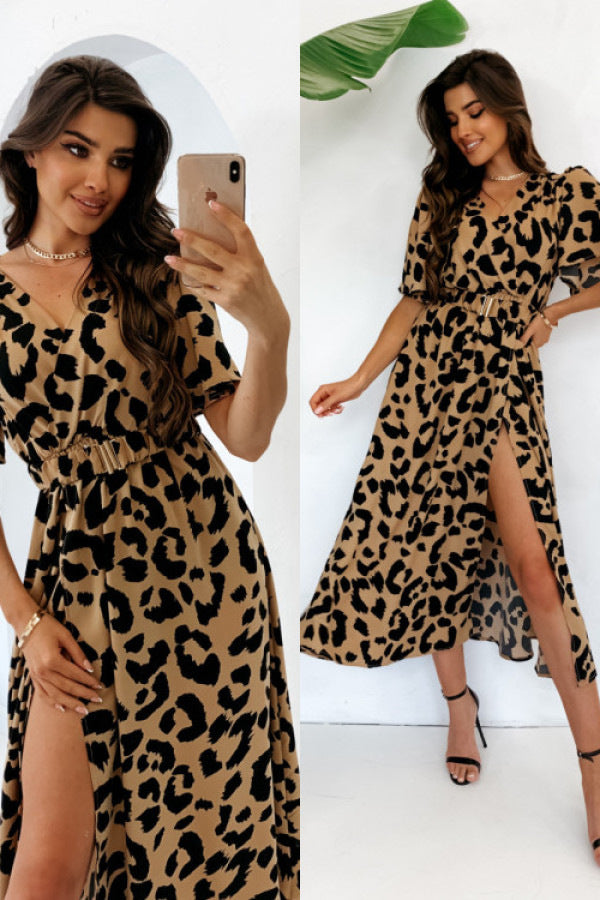 Damen Maxikleid mit Tiermuster und elegantem Taillengürtel Stalluxe