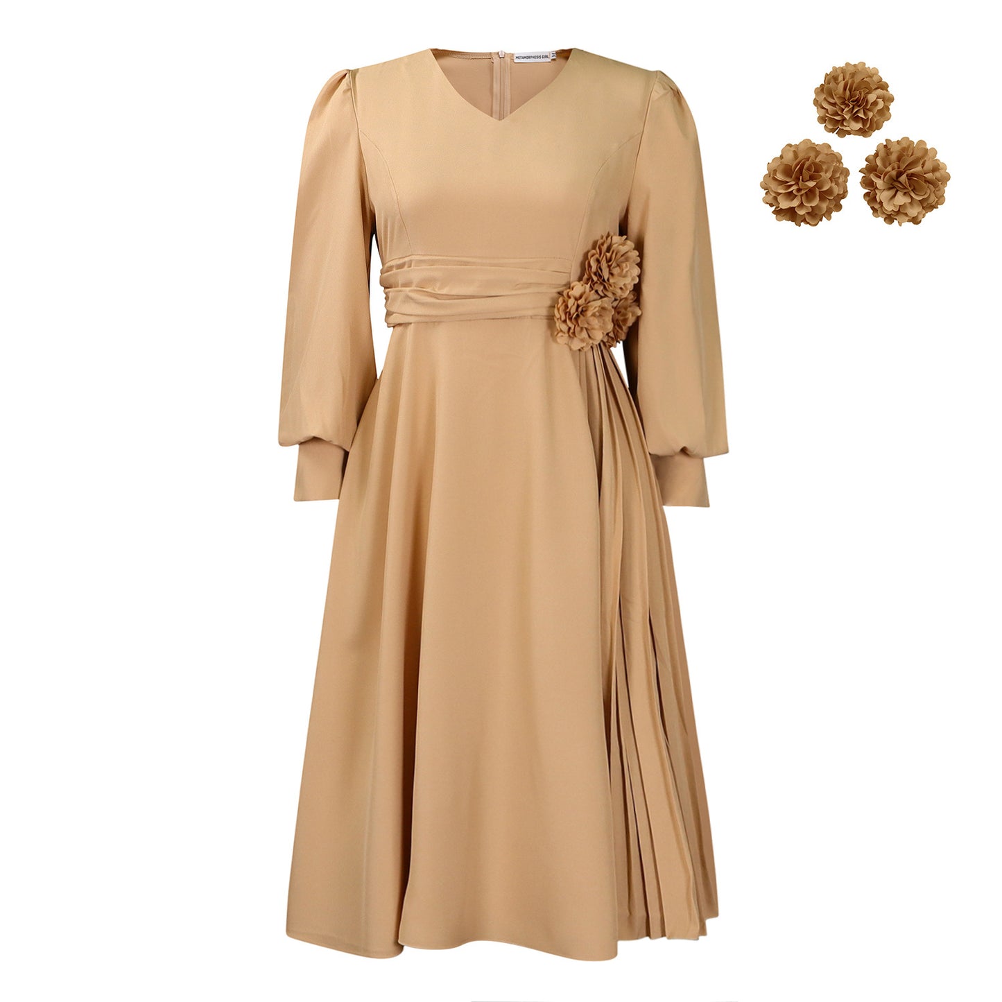 Damen elegantes Kleid mit dekorativem Blumenakzent und Faltenwurf Stalluxe