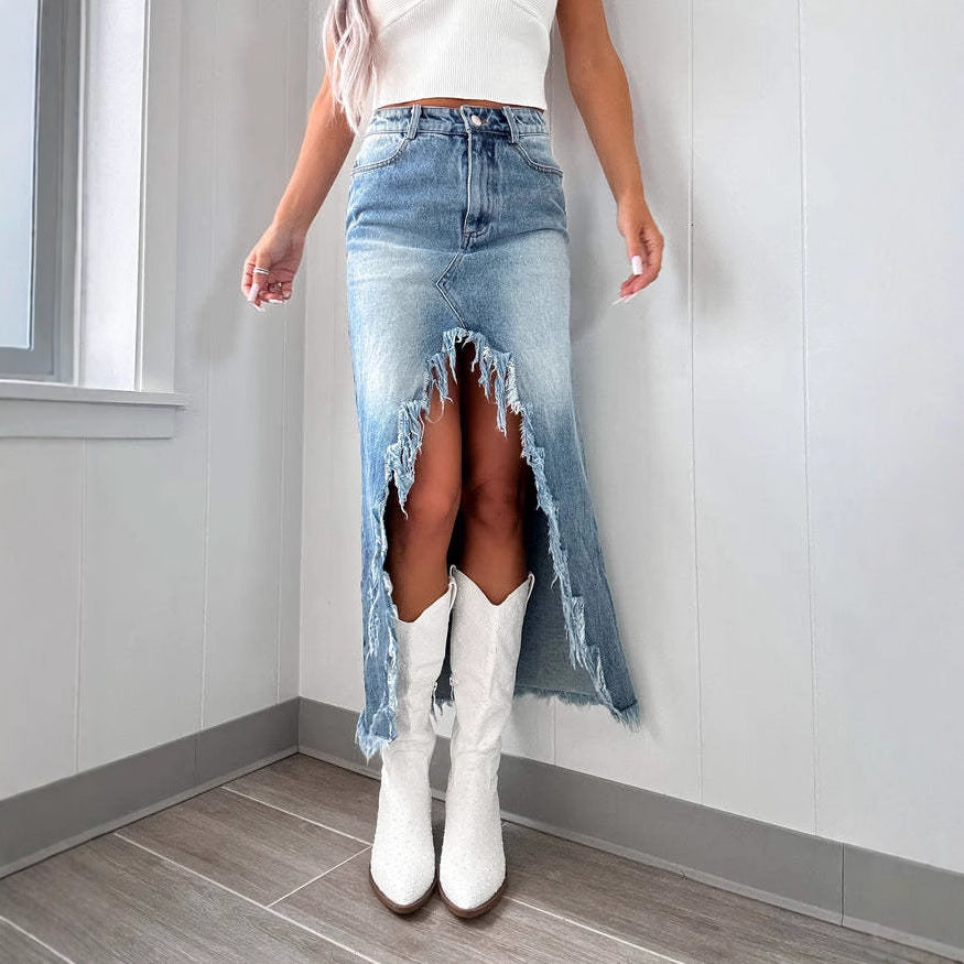Damen Denim-Rock mit fransigem Saum und hohen Schlitzen Stalluxe