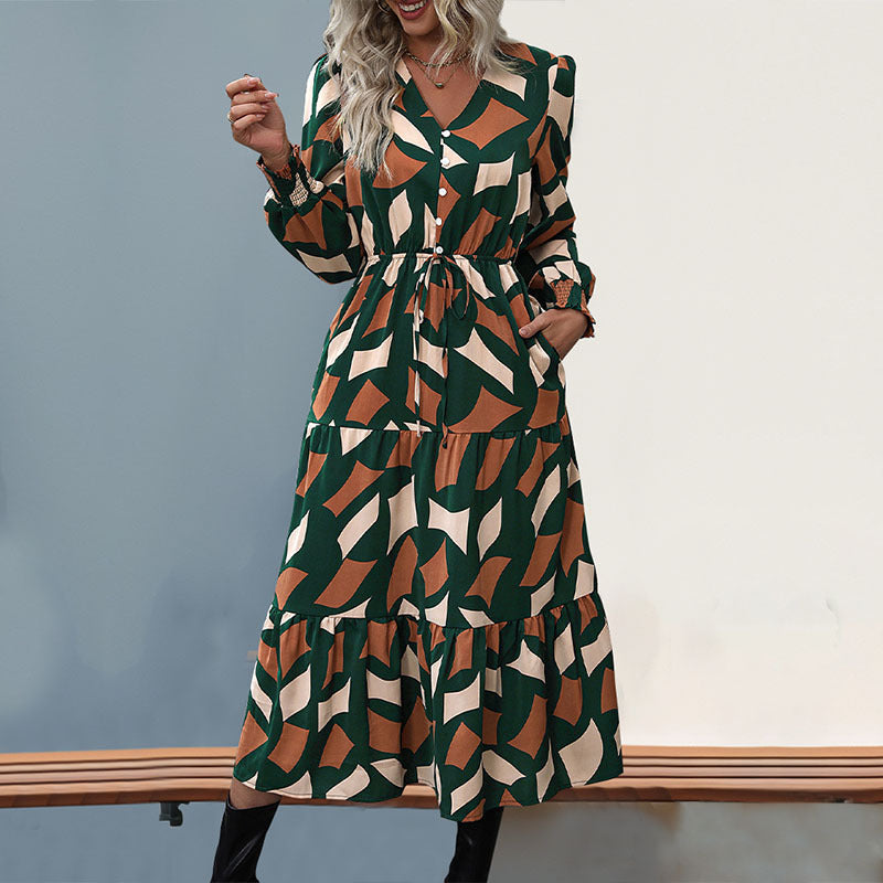 Damen Maxikleid mit voluminösem Rock und raffiniertem Bindegürtel Stalluxe