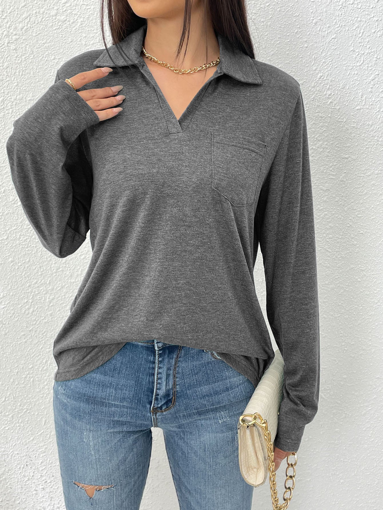 Damen Langarmbluse mit modernem Kragen und Brusttasche Stalluxe
