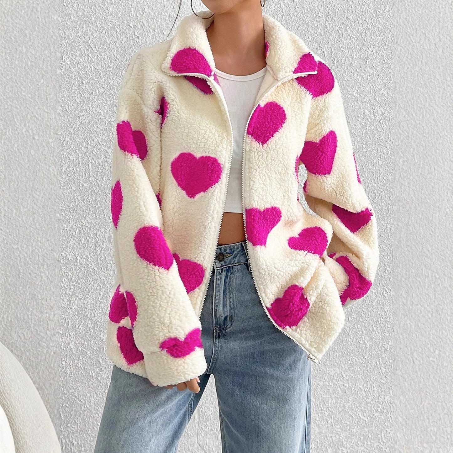 Damen kuschelige Fleecejacke mit herzförmigem Muster und hohem Kragen Stalluxe